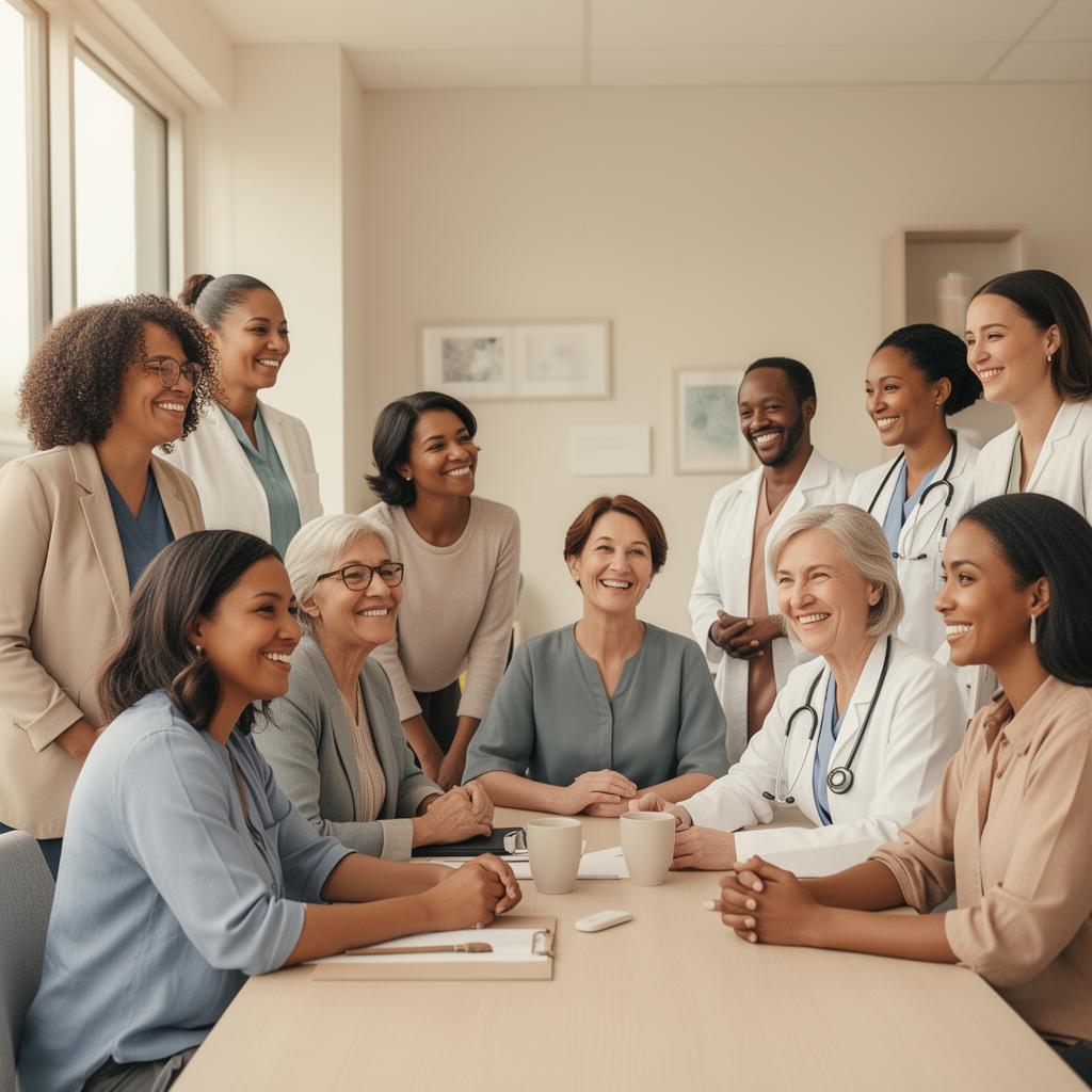 A diverse group of mental-health and clinical professionals collaborating in a bright clinical office