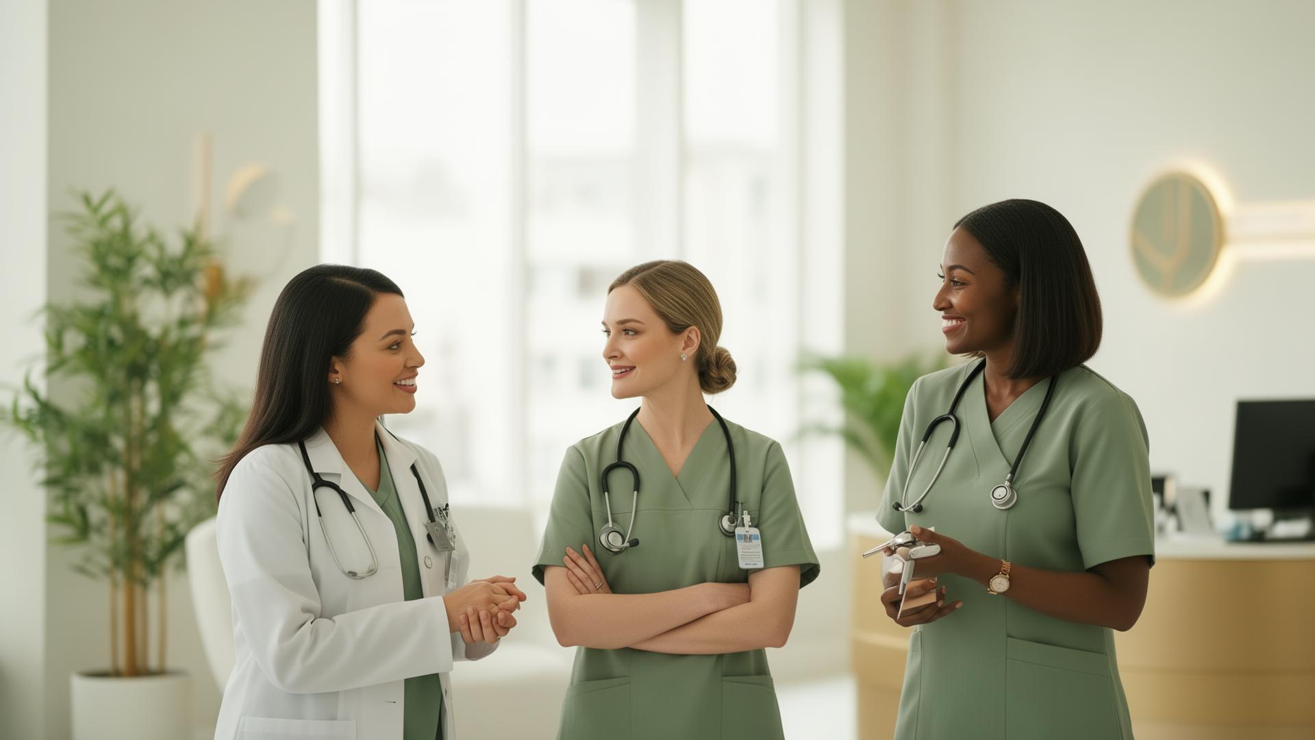 Healthcare professionals collaborating in a bright clinic
